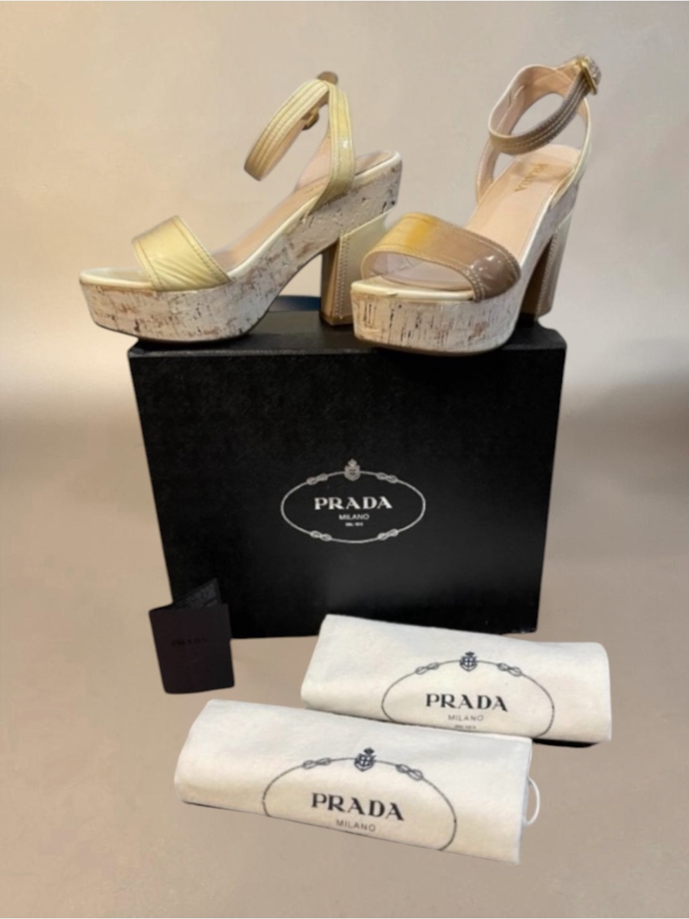 PRADA VERNICE BIANCO-QUARZO PATENT LEATHER OMBRE SANDALS SIZE 38.5 - Picture 6 of 16